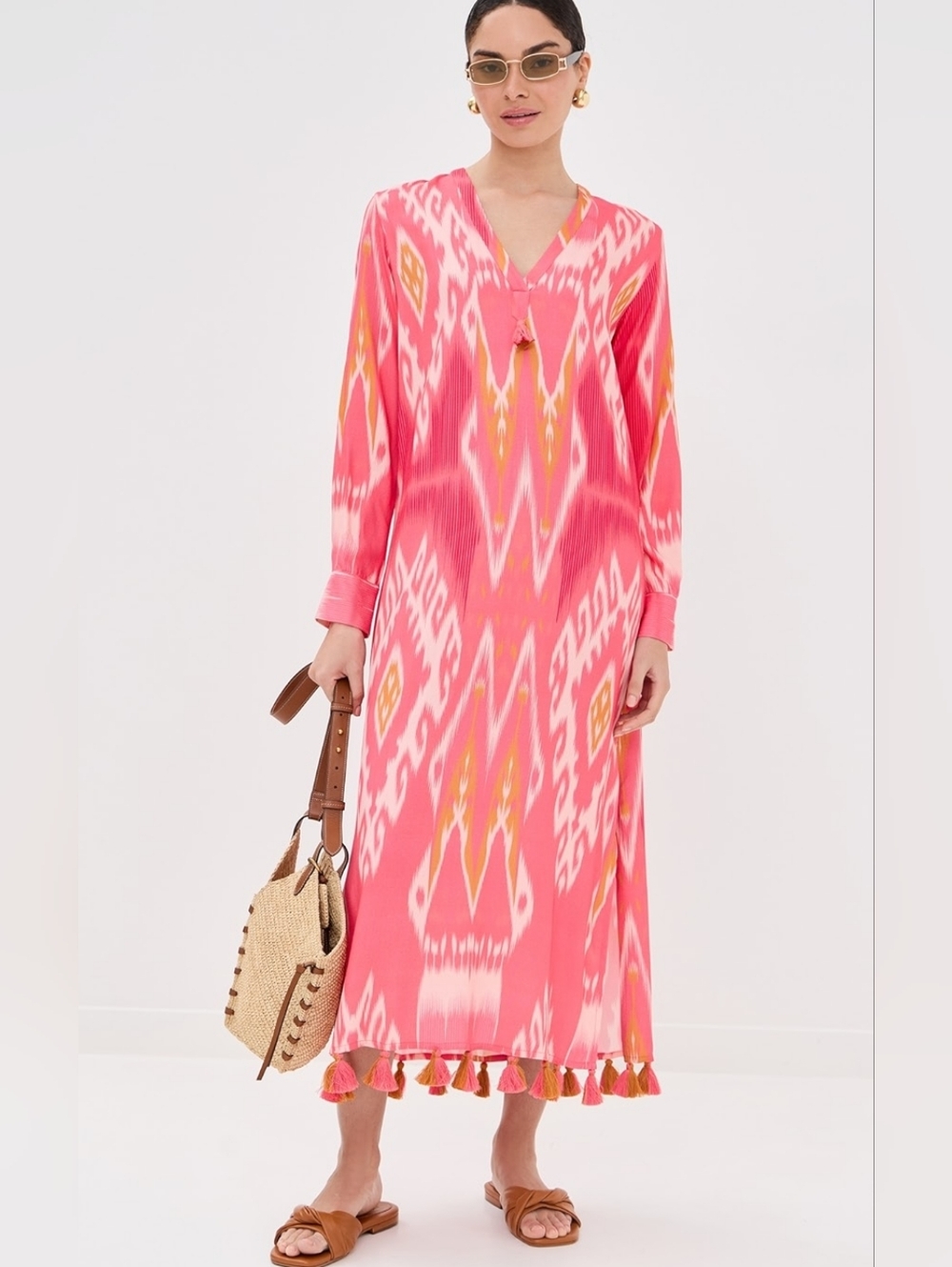 Figue Dress Margaux Salome Ikat Sunset Coral Tassel Kaftan Size L - Picture 2 of 16